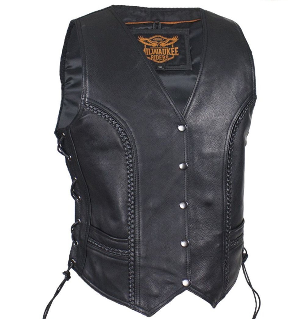 Leather Motorcycle Vest - Women's - Black - Longer - LV221-LONG-DL