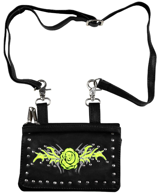 Leather Belt Bag - Lime - Rose Design - Handbag - BAG35-EBL6-LIME-DL