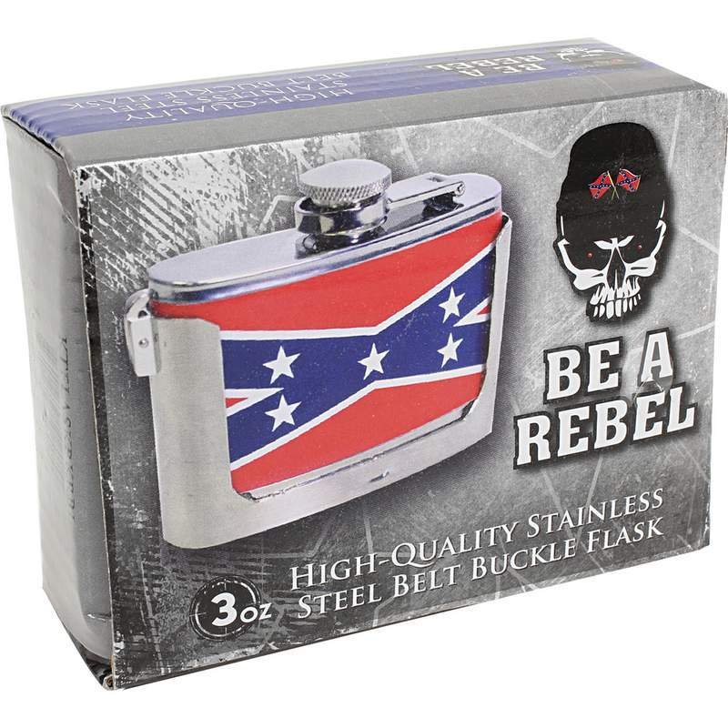 Be A Rebel 3oz Stainless Steel Belt Buckle Flask with Rebel Flag - SKU KTFLASKBKRBL-BN