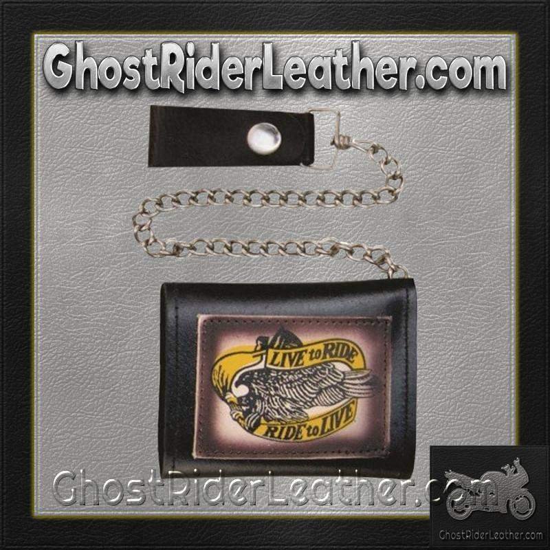 4 inch Black Leather Chain Wallet with Live To Ride - Tri-fold - SKU AL3273-AL