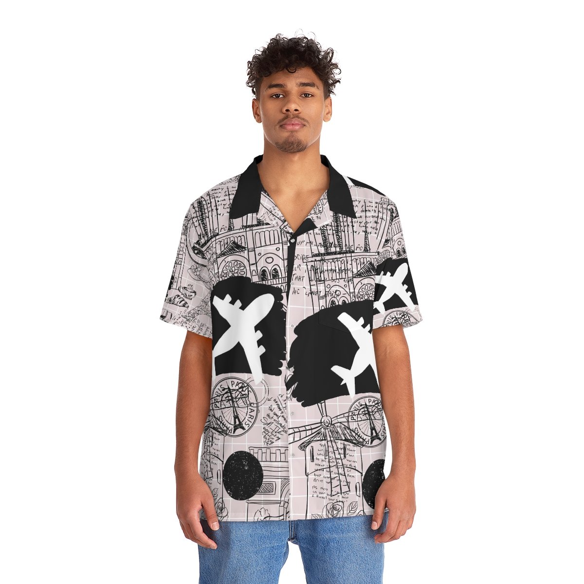 Hawaiian Shirt - Travel Airplanes Paris - Men's - Black and White