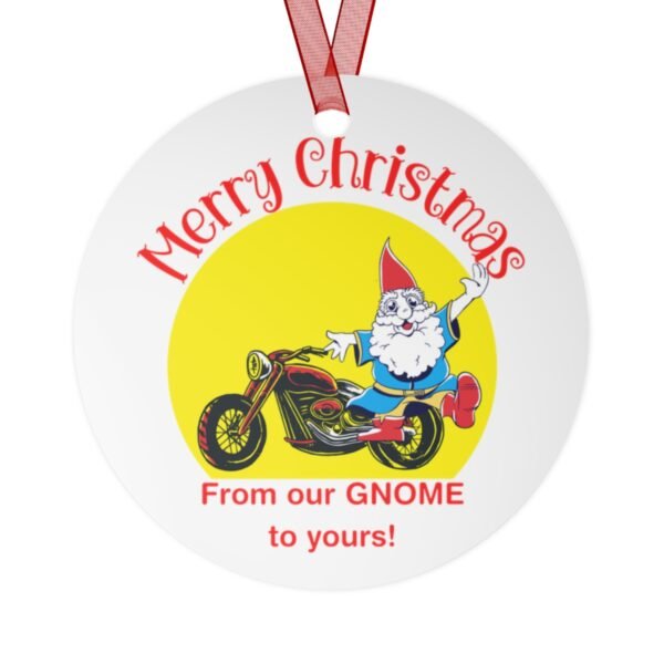 Christmas Ornament - From Our Gnome To Yours - Motorcycle - Red - Yellow - Round - Metal Ornaments