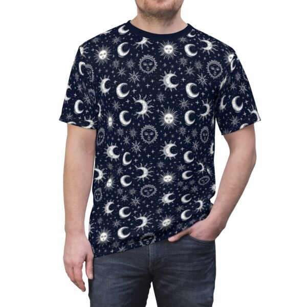 Sun Moon Stars - White On Midnight Blue - Unisex Cut & Sew Tee (AOP)