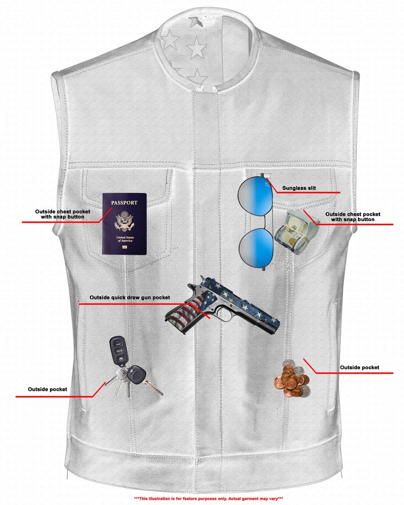 Leather Motorcycle Vest - Men's - USA Flag Liner - Gun Pockets - Up To 8XL - DS155-DS