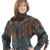 Women's Leather Motorcycle Jacket With Orange Flames and Fringe - SKU LJ259-DL