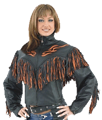 Women's Leather Motorcycle Jacket With Orange Flames and Fringe - SKU LJ259-DL