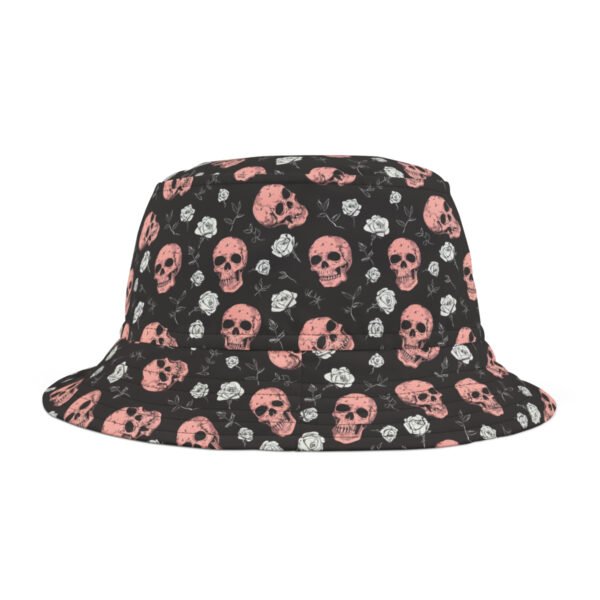 Pink Skulls and White Roses Pattern - Pink and White on Black - Biker Bucket Hat