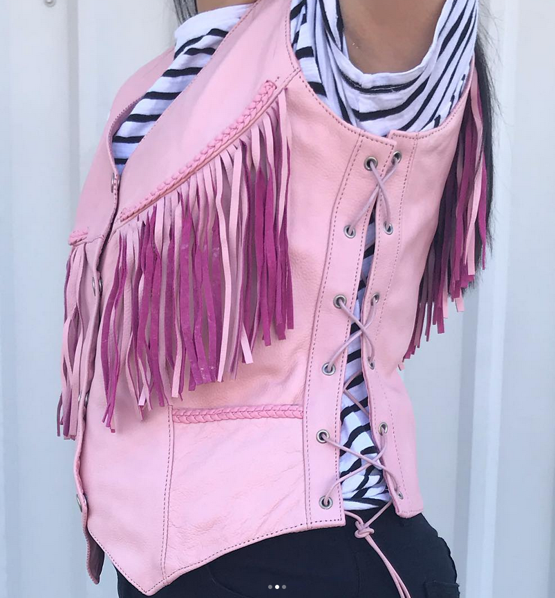 Leather Motorcycle Vest - Women's - Pink - Fringe - AL2322-AL