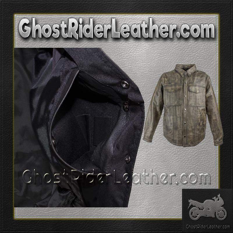 Leather Shirt - Men's - Distressed Brown - Concealed Carry Pockets - MJ777-12L-DL