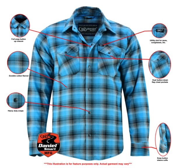 Flannel Motorcycle Shirt - Men's - Up To Size 5XL - Blue and Shaded Black Plaid - DS4683-DS