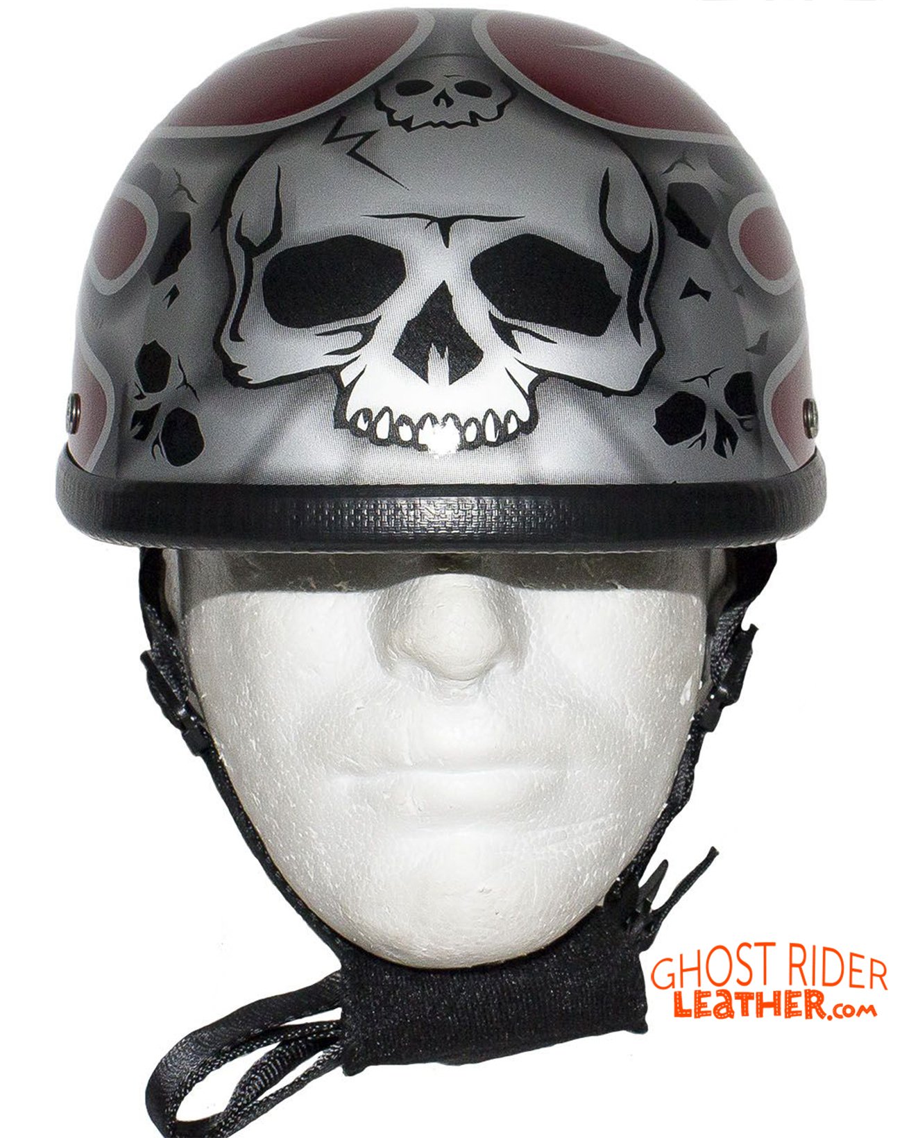 Novelty Motorcycle Helmet - Silver Skulls - Burgundy Flames - H401-D4-BURG-1-DL Novelty Motorcycle Helmet - Silver Skulls - Burgundy Flames - H401-D4-BURG-1-DL