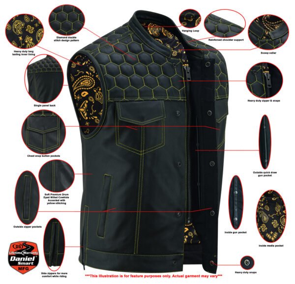 Leather Motorcycle Vest - Men's - Gold Rush Liner - Up To 8XL - DS195-DS