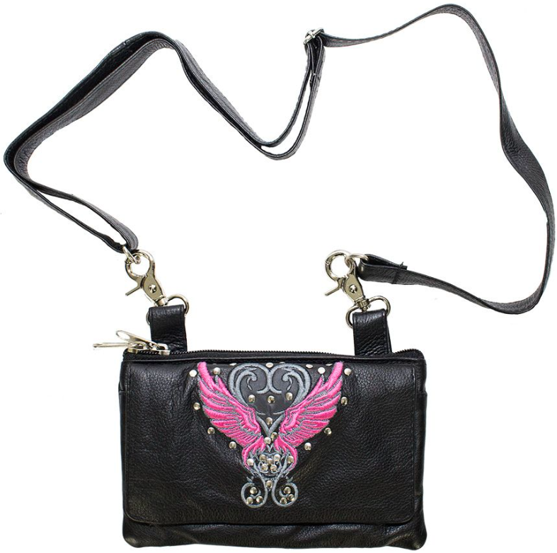 Leather Belt Bag - Pink - Wings Design - Handbag - BAG35-EBL8-PINK-DL