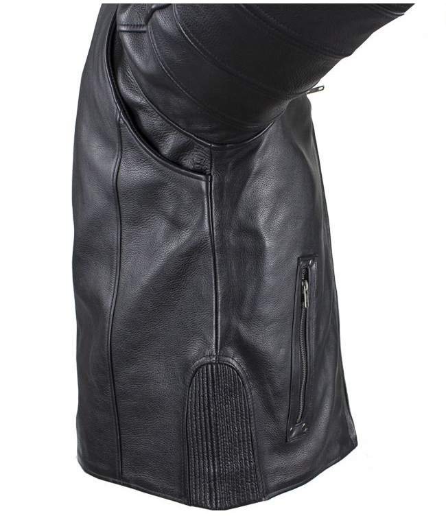 Black Pleated Racer Leather Jacket with Concealed Carry Pockets - SKU MJ828-DL