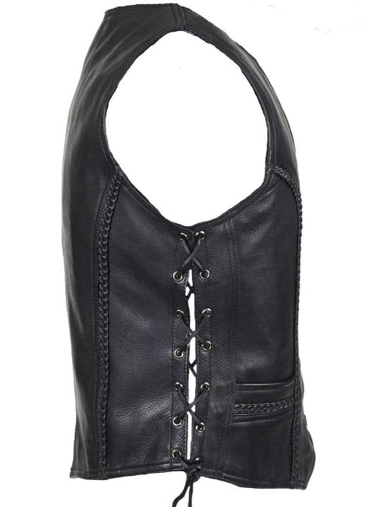 Leather Motorcycle Vest - Women's - Black - Longer - LV221-LONG-DL