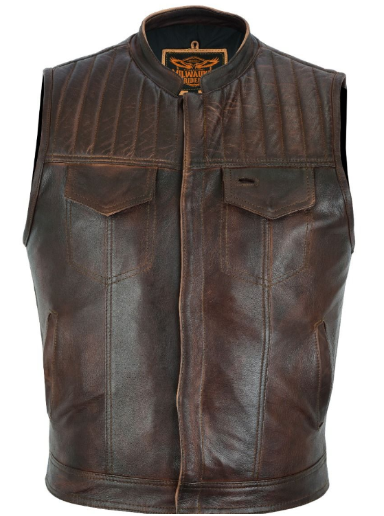 Leather Motorcycle Vest - Men's - Up To Size 60 - Distressed Brown - MR-MV320-PD-18-DL