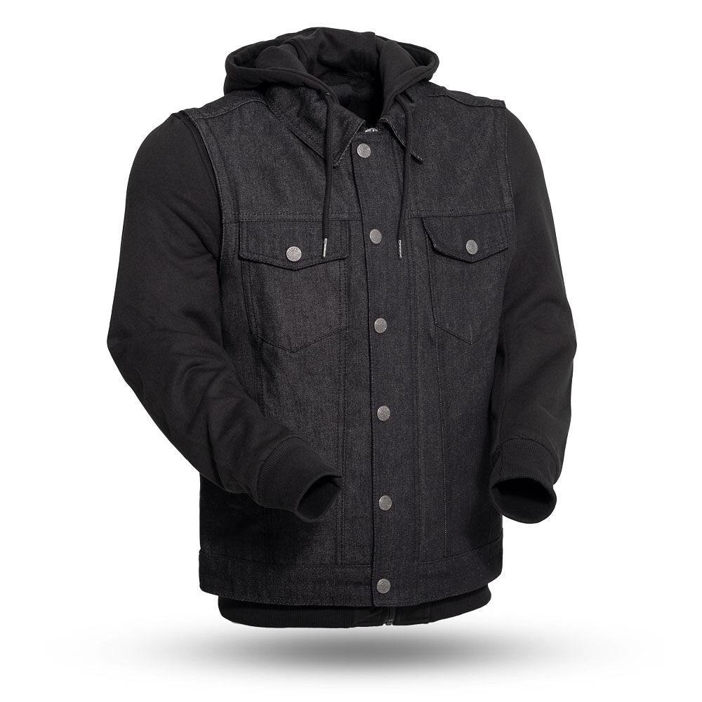 Rook - Men's Motorcycle Denim Vest with Gray/Black Base Hoodie - SKU FIM697DMH-FM