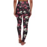 Skulls and Roses Doodles - Pink White on Black - High Waisted Yoga Leggings (AOP)