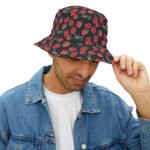 Sweet Strawberries Pattern - Text Sweet - Red on Black - Biker Bucket Hat