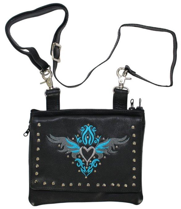 Leather Belt Bag - Teal Blue - Gun Pocket - Tribal Heart Design - Handbag - BAG36-EBL1-TEAL-DL