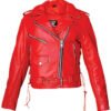 Ladies Classic Biker Red Leather Motorcycle Jacket - SKU AL2122-AL