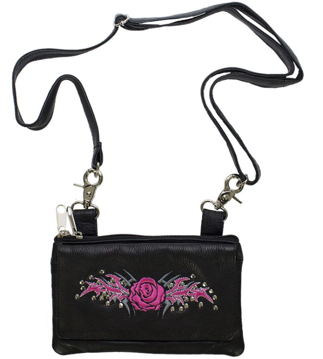 Leather Belt Bag - Pink - Rose Design - Handbag - BAG35-EBL6-PINK-DL