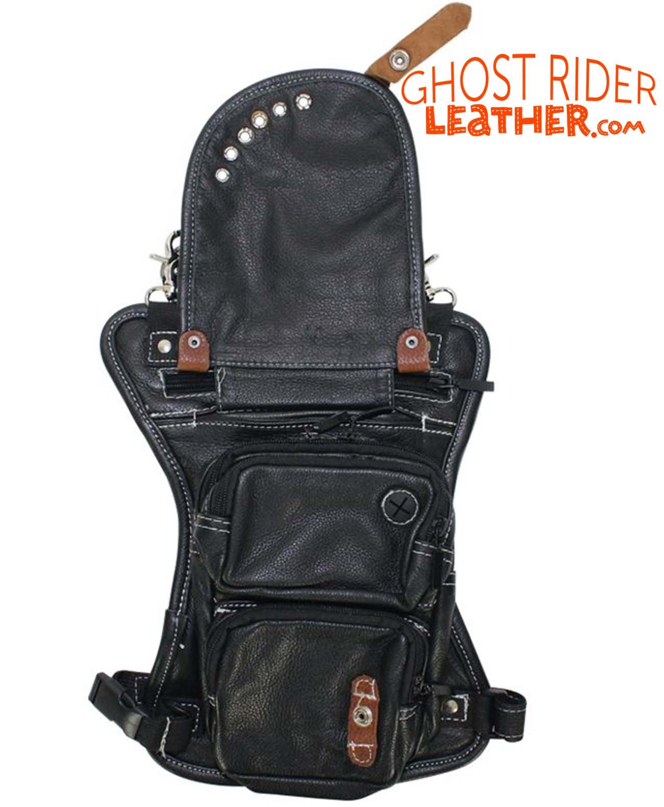 Leather Thigh Bag - Gun Pocket - Black - Touch of Brown - Motorcycle - AC1029-11-BRN3T-DL