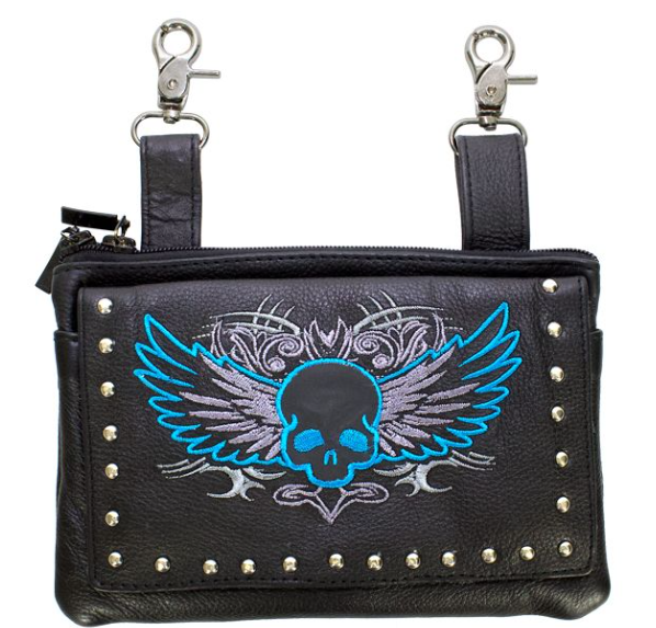 Leather Belt Bag - Teal Blue - Flying Skull Design - Handbag - BAG35-EBL10-TEAL-DL