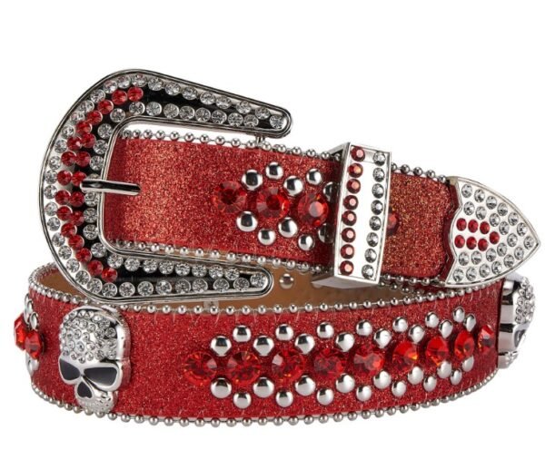 Unisex Rhinestone Bling Belt - Red and Silver - Skulls - Rhinestones - Faux Leather - FBL22-DL