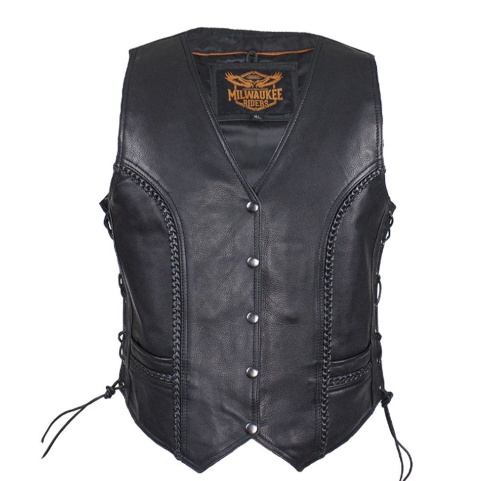 Leather Motorcycle Vest - Women's - Black - Longer - LV221-LONG-DL