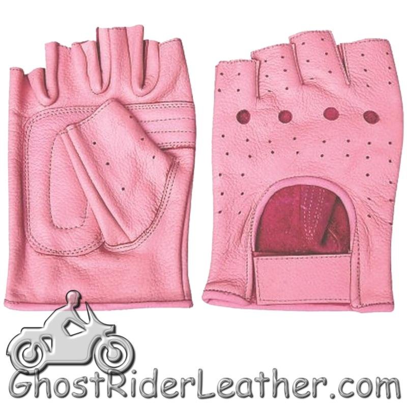 Leather Gloves - Women's - Pink - Fingerless - Perforated - AL3012-AL