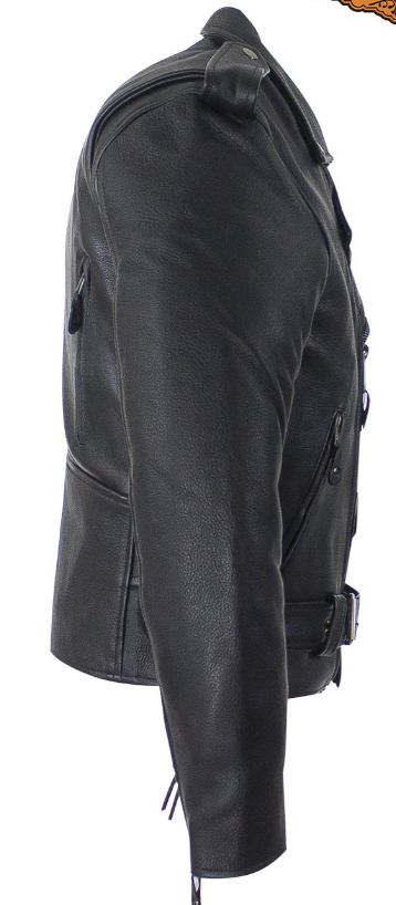 Leather Motorcycle Police Style Jacket with Side Laces and Vents - Up To Size 72 - SKU MJ201-SS-DL