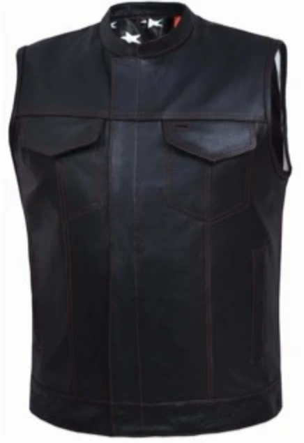 Leather Motorcycle Vest - Men's - Up To 5XL - USA Flag Liner - Red Line - 6669-00-UN