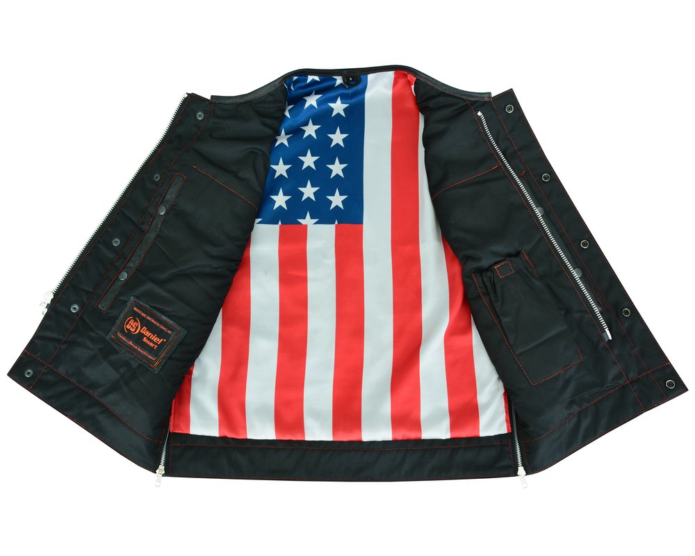 Leather Motorcycle Vest - Men's - USA Flag Liner - Gun Pockets - Up To 8XL - DS155-DS