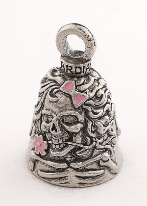 Lady Skull With Pink Bow & Flowers - Pewter - Motorcycle Guardian Bell® - Made In USA - SKU GB-LADY-SKULL-W-DS