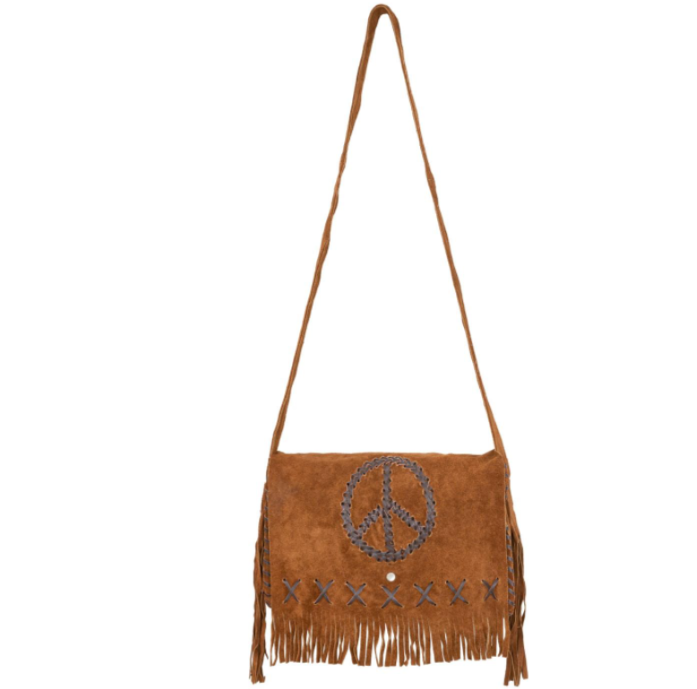 Brown Suede Leather Purse - Peace Sign - Fringe - Handbag - Large - AC2051-DL