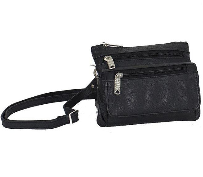 Leather Belt Bag - Black - Zipper Pockets - Handbag - BAG32-DL