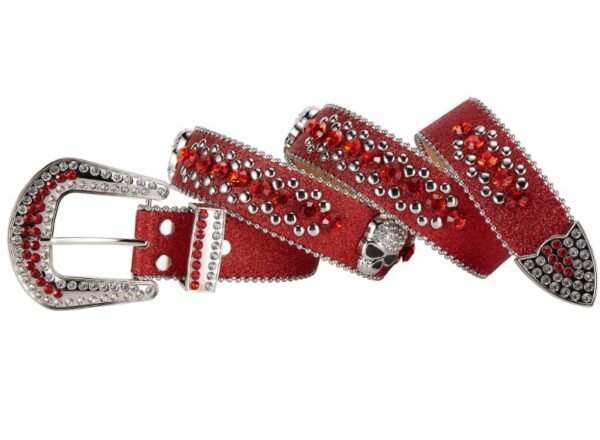 Unisex Rhinestone Bling Belt - Red and Silver - Skulls - Rhinestones - Faux Leather - FBL22-DL