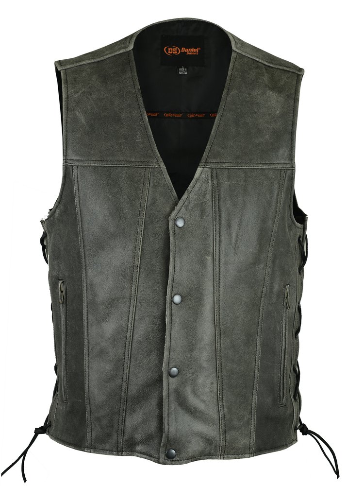 Leather Motorcycle Vest - Men's - Gray - Gun Pockets - Side Laces - Up To 8XL - DS105V-DS