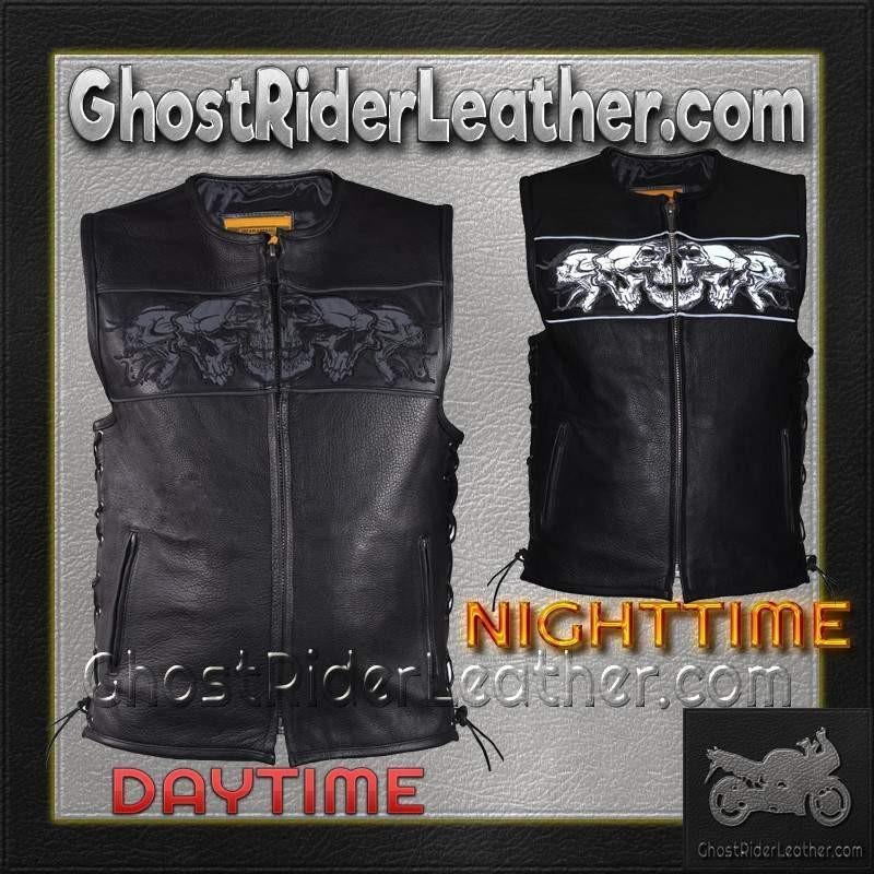 Mens Leather Vest with Night Reflective Skulls and Concealed Carry Pockets / SKU MV8025-DL