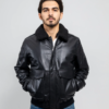 Leather Bomber Jacket - Men's - Black - Faux Shearling Collar - FMM219BP-FM