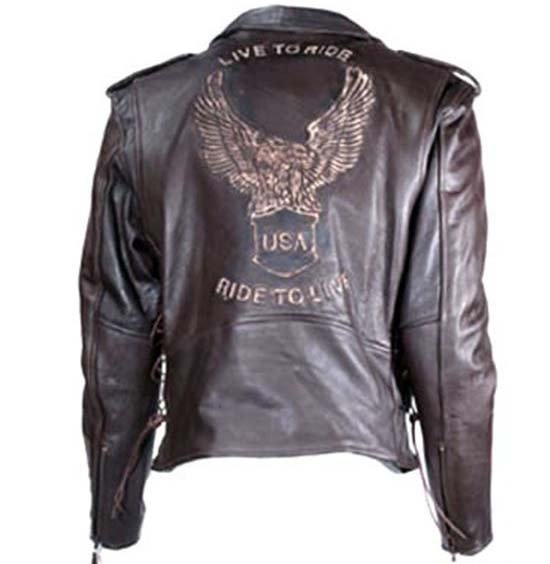 Embossed Eagle Retro Brown Motorcycle Jacket with Side Laces and Live To Ride - SKU MJ703-02-DL