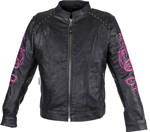 Ladies Racer Leather Jacket With Studs and Hot Pink Sleeve Design - SKU LJ7018-HOTPINK-11-DL