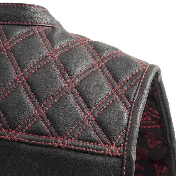 Leather Motorcycle Vest - Men's - Downside - Black with Red Stitching - Up To 5X - FIM693-QLT-RD-FM