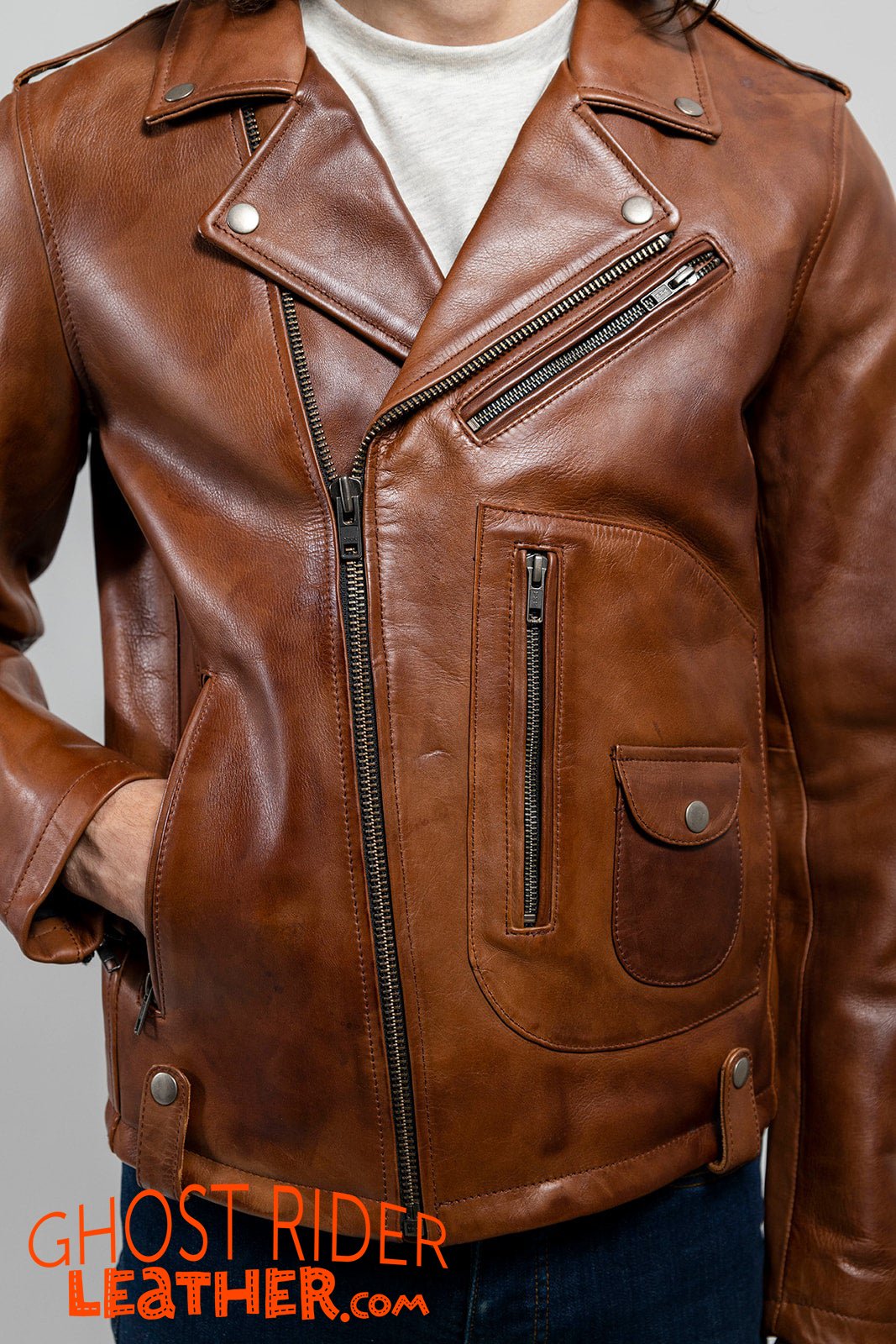 Men's Leather Motorcycle Jacket - Red Ford - Sid - WBM2803-FM
