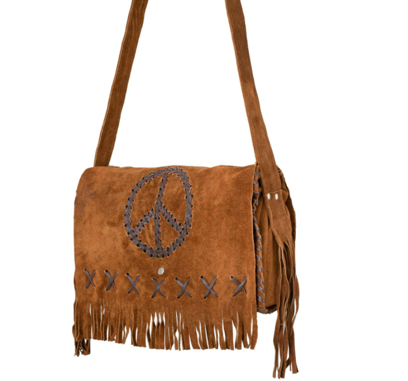 Brown Suede Leather Purse - Peace Sign - Fringe - Handbag - Large - AC2051-DL