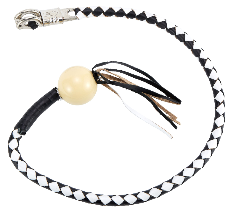 Get Back Whip - Black and White Leather - With White Cue Ball - 42 Inches - Motorcycle Accessories - SKU GBW7-BB-DL