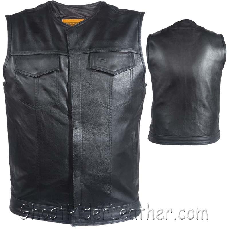 Mens Motorcycle Club Naked Leather Vest With Zipper - No Collar - SKU GRL-MV8008-ZIP-11-DL