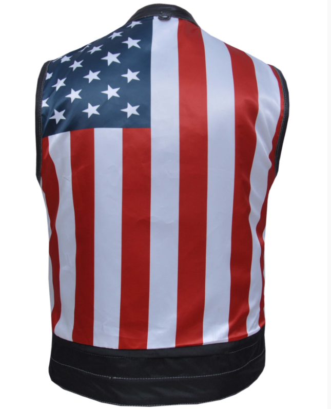 Leather Motorcycle Vest - Men's - Up To 8XL - USA Flag Liner - 6665-USA-UN