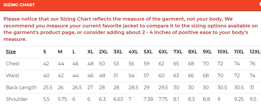 Size chart for Leather Motorcycle Vest - Men's - Gun Pockets - Hoodie - Up To 12XL - Big and Tall - DS182-DS
